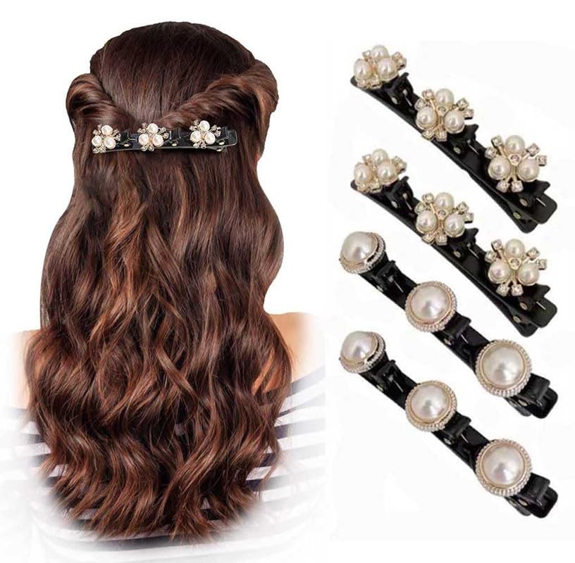 Rectyo Gallery 4Pcs Sparkling Crystal Stone Braided Hair Clips With 3 Small Clips, Pearl Shaped Hairpin Duckbill Clip,Braided Ha