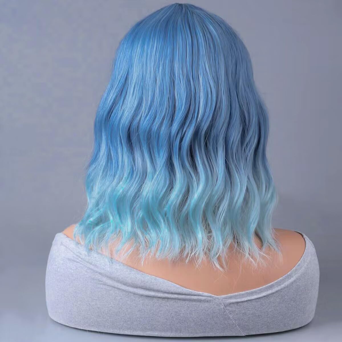Wthcos Blue Ombre Short Bob Wig Blue To Light Blue Wig Short Curly Wavy Wig With Bangs For Women Ombre Blue Wig Heat Resistant S