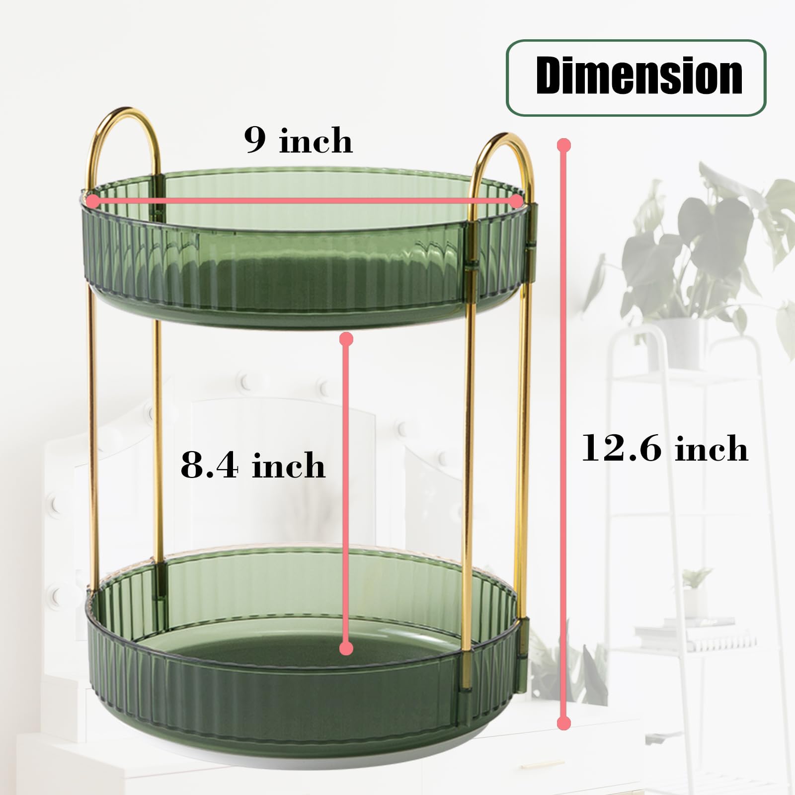 Zufudo Rotating Makeup Organizer 2 Tier Lazy Susan Trays Skincare Perfume Organizer For Bathroom Counter Vanity, Green Gold