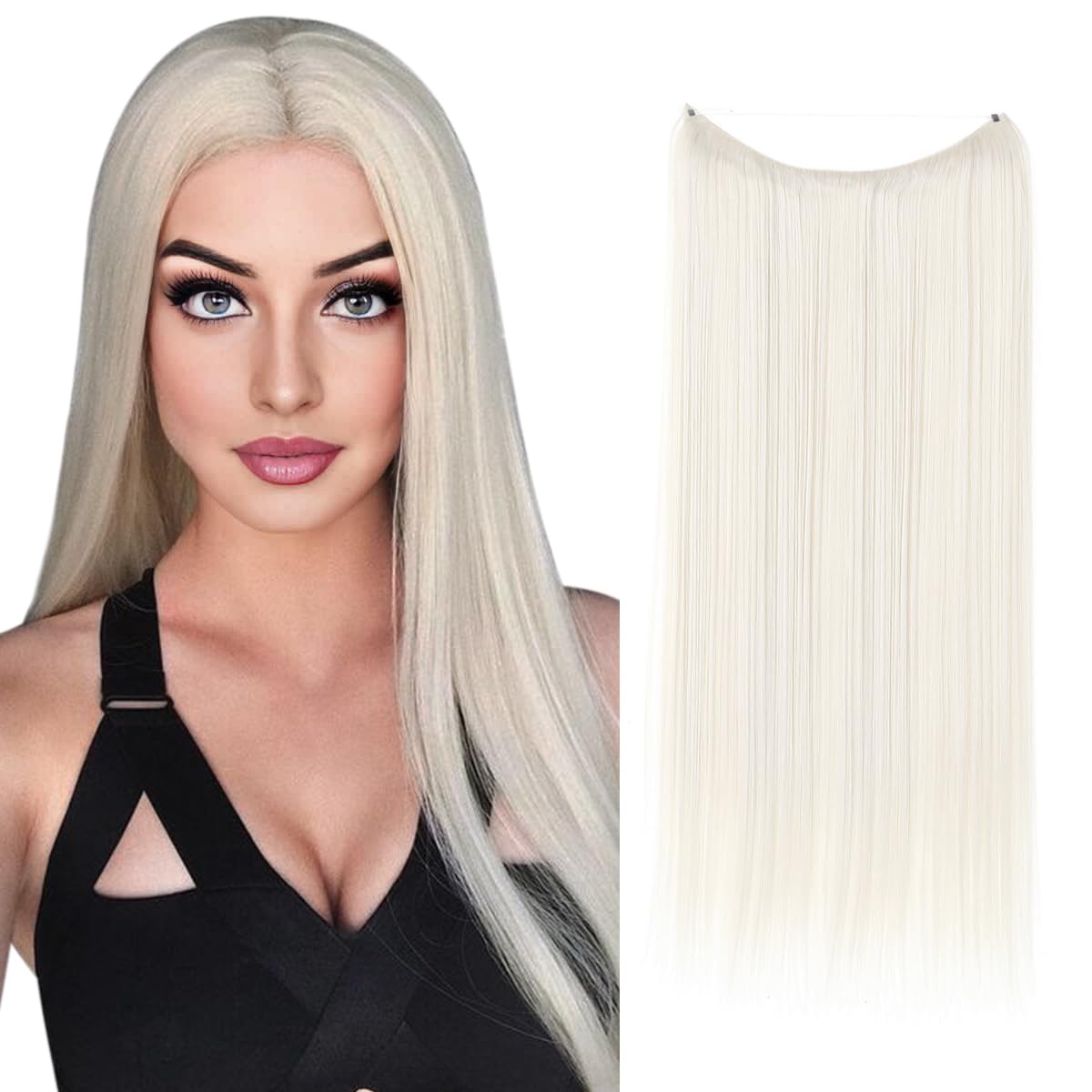 Sarla Invisible Wire Hair Extensions Platinum Blonde Long Straight Synthetic Hairpieces For Women 18 Inch Adjustable Transparent