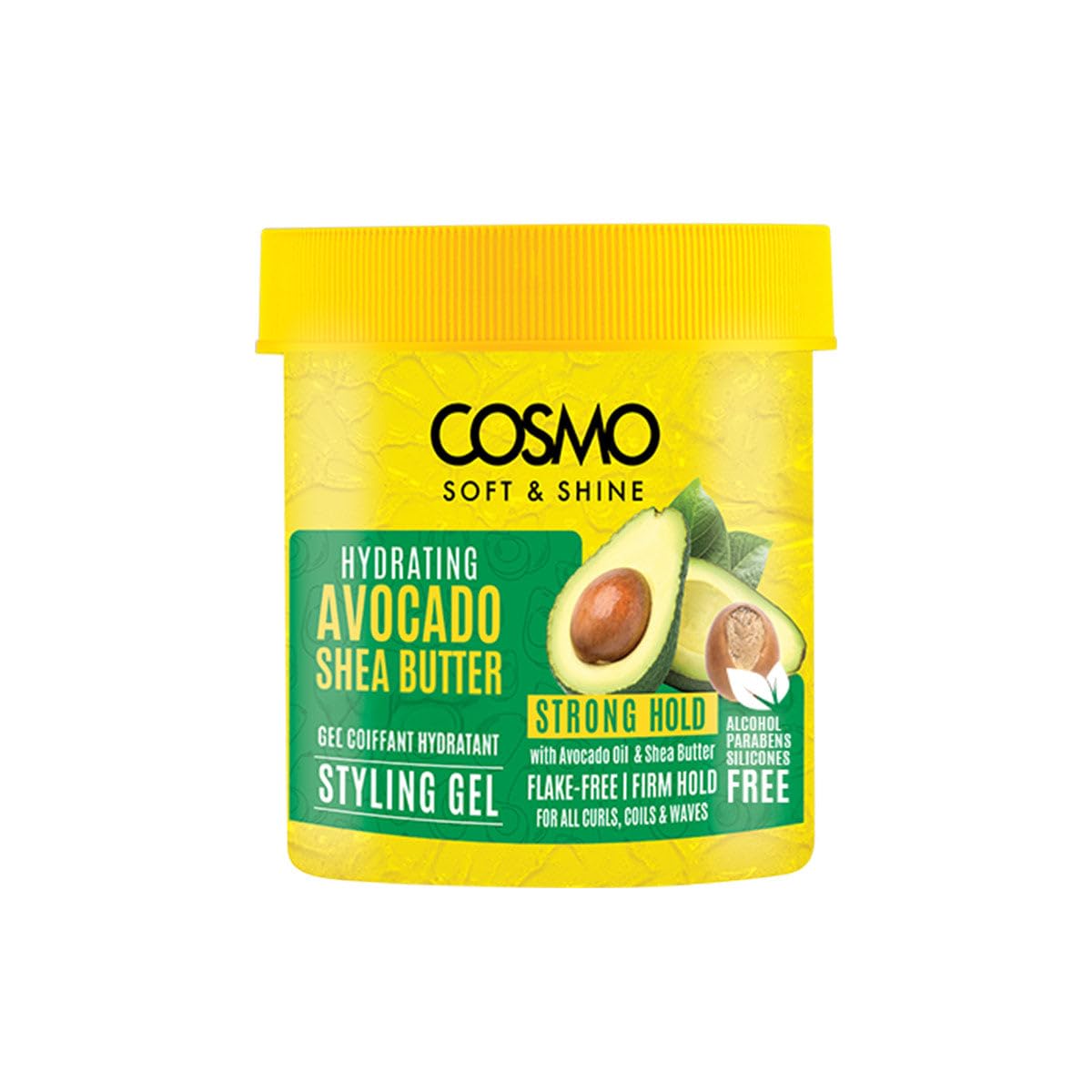 Cosmo Hair Care Soft & Shine Hydrating Avocado & Shea Butter Strong Hold Styling Gel 450G  15.8 fl.oz, Flake Free, Non Greasy, 
