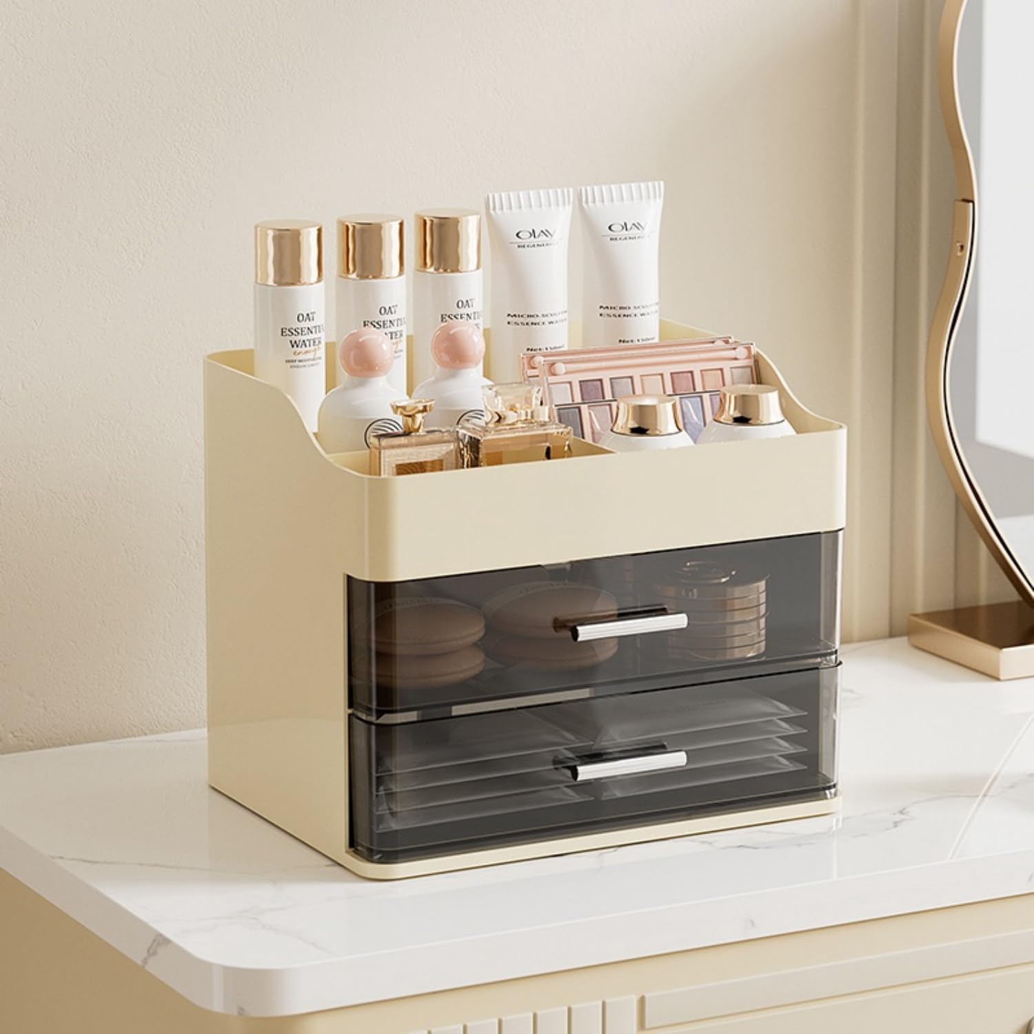 Makeup Organizer for Vanity,Vanity Organizer with 2 Drawers,Makeup&skincare Organizers Countertop,Cosmetic Display Case,Vanity S