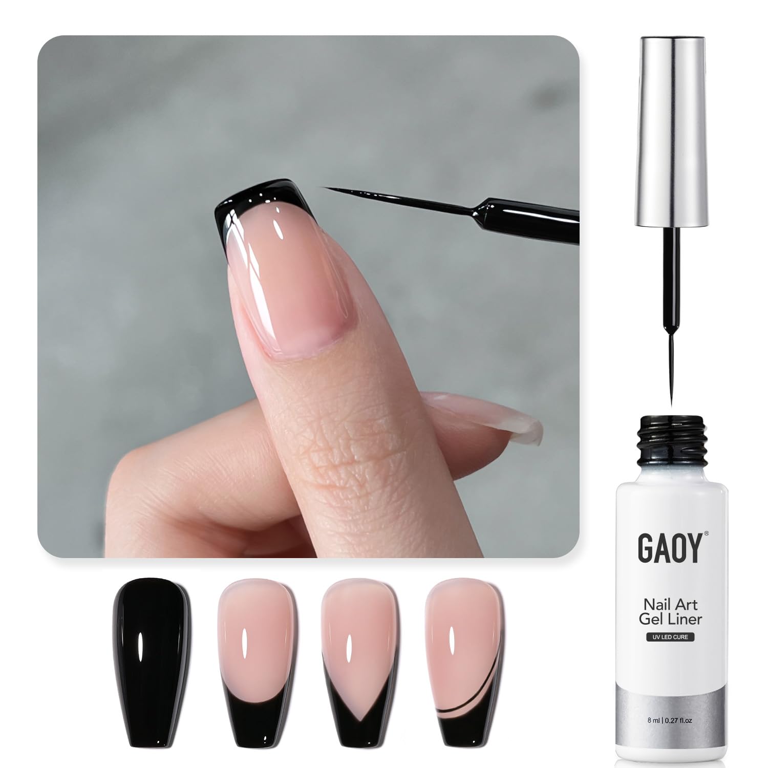 GAOY Black Swirl Gel Nail Polish Art Liner, 8ml Classic Colors for Nail Paint Design with Thin Brush DIY French Manicure and Ped