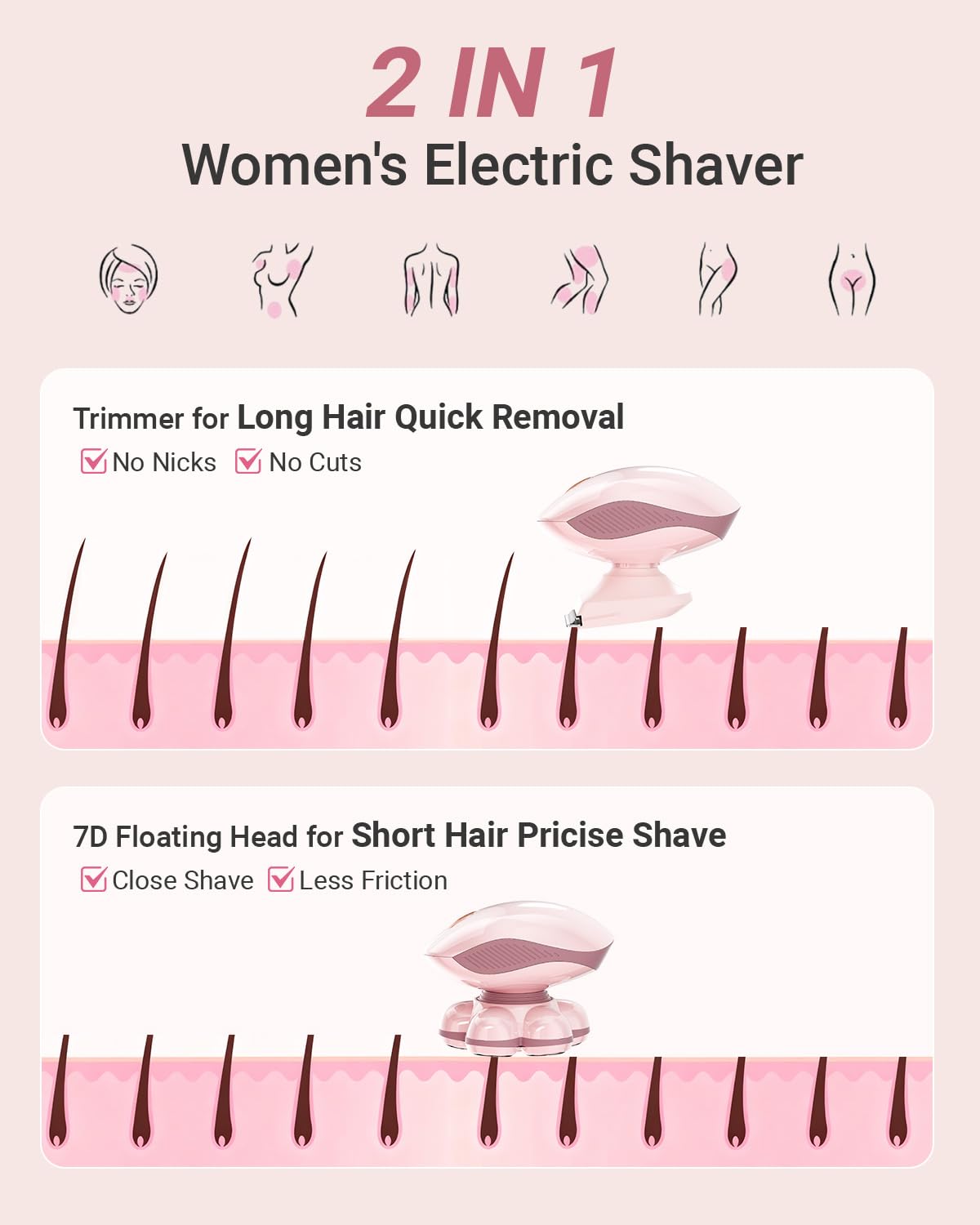 Bartrimber Electric Razors for Women: 2-in-1 Electric Shaver Trimmer for Ladies Flawless Legs & Full Body & Bikini - Waterproof