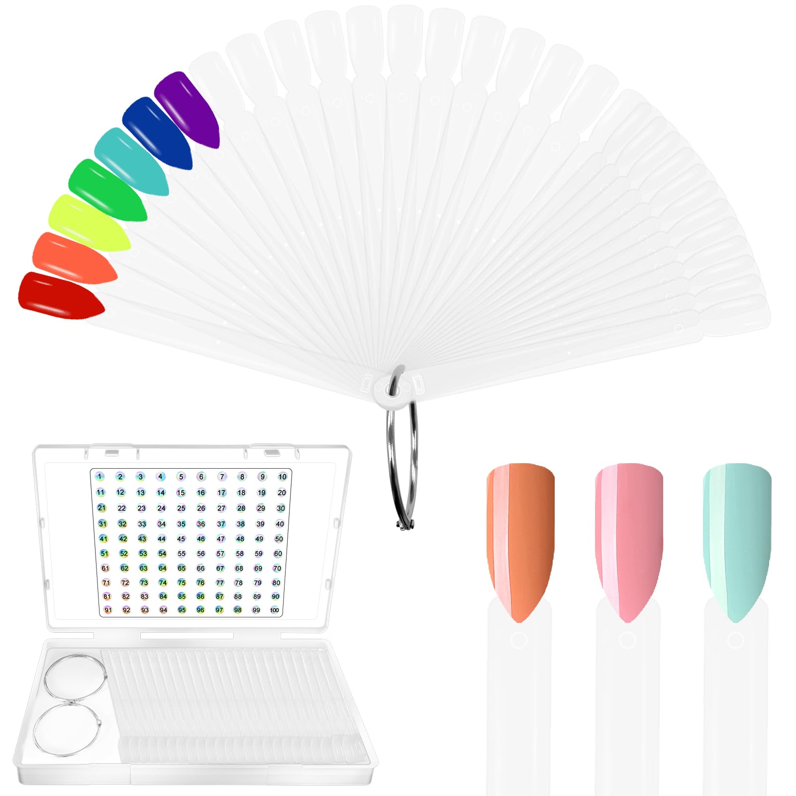 Laza 100 Pcs Clear Nail Swatch Sticks Box-packed with Ring and Numbered Stickers Nail Art Polish Color Display Practice Tips Sam