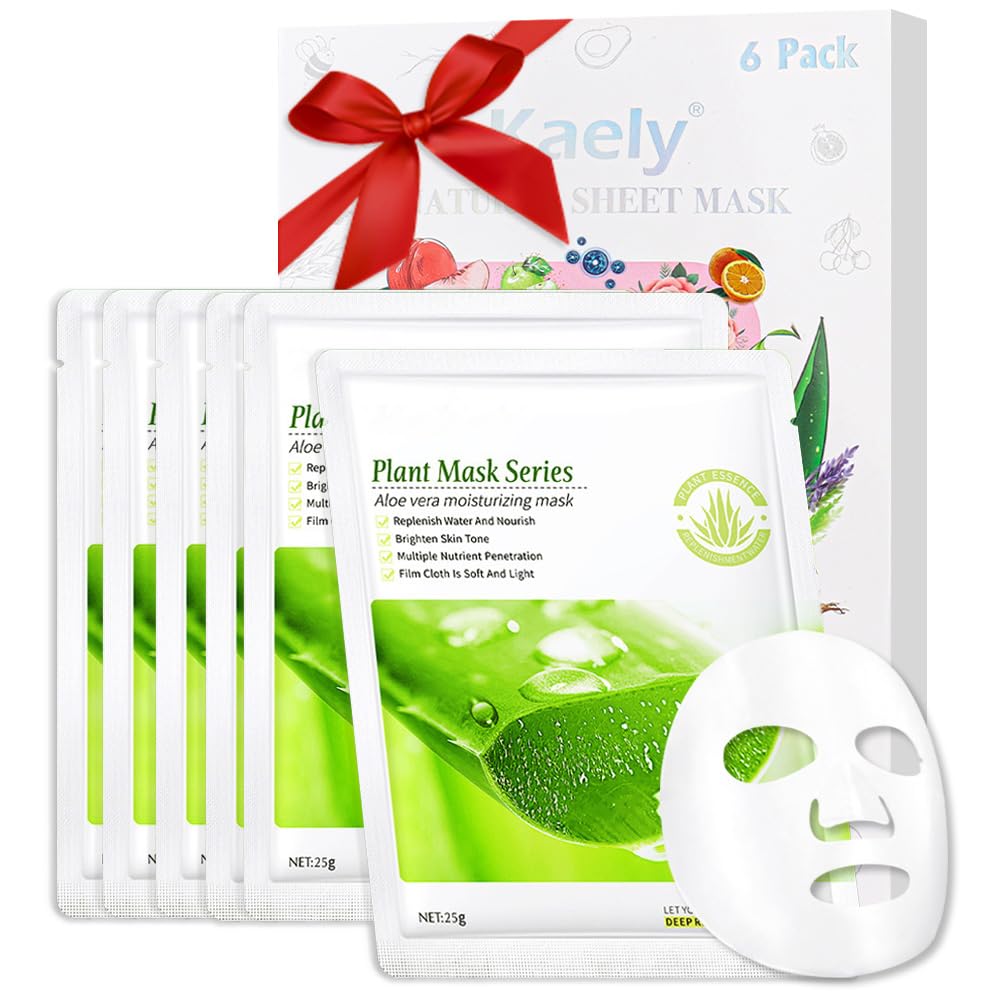 Kaely 6 Pack Aloe Vera Sheet Masks,Hydrating Smoothing Face Masks For Women Men,Facial Mask Skin Care Korean,Moisturize,Brighten
