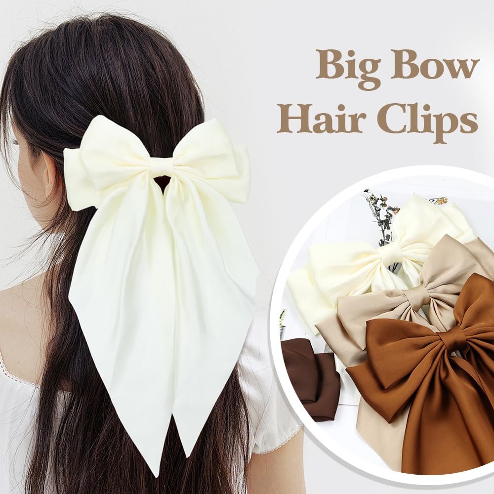 Cinaci 4 Pieces Large Big Oversized Satin Hair Bows With Long Tail Bow French Barrettes Hair Clips Accessories For Women Girls T