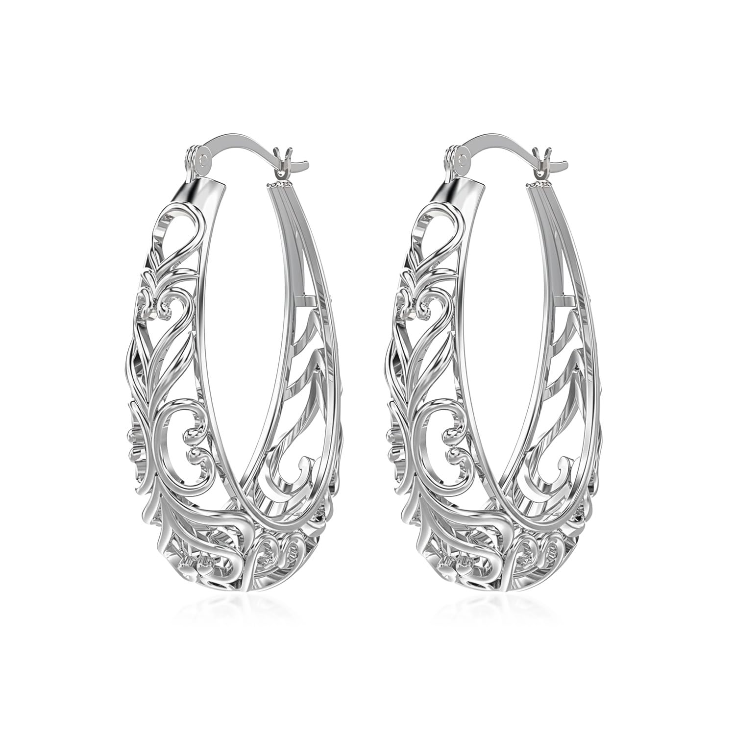 Charmsy 925 Sterling Silver Post Filigree Hoop Earrings for Women | Medium Lightweight Oval ClickTop Hoops Earring | Size 32MM