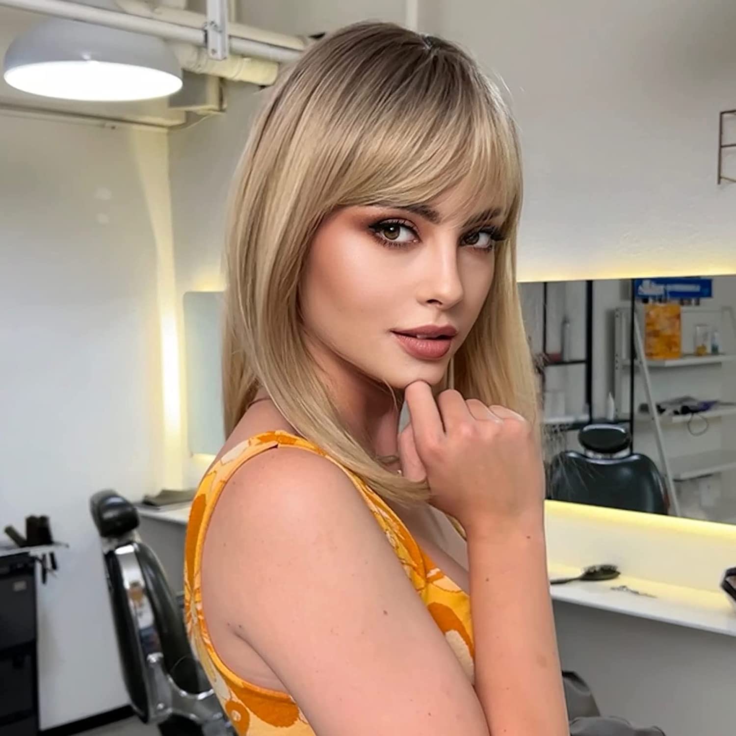 Haircube Long Blonde Wig With Bangs,Medium Length Ombre Blonde Wigs For Women Human Hair Blend Healthy Synthetic 16 Inch Wigs