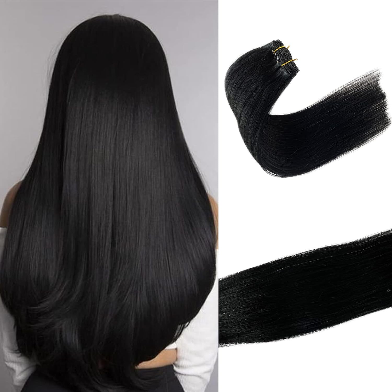 Clip In Human Hair Extensions, 16 Inch 70G 7Pcs Jet Black 100% Real Human Hair Clip In Extensions Skin Weft Natural Human Hair E