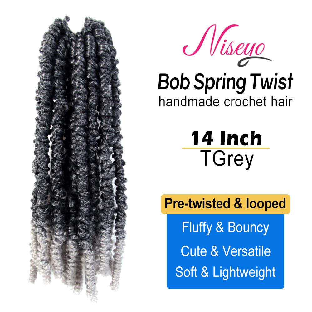 Niseyo Pre Twisted Bob Spring Twist Hair 14 Inch 7 Packs Short Pre-Looped Crochet Braid For Kids (Tgrey/Ombre Gray)