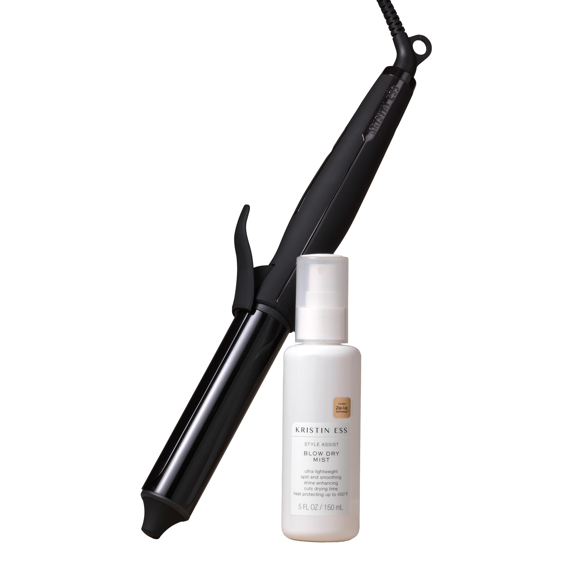 Kristin Ess Hair NANOBLACK 11/4 Inch Automatic Ceramic Curling Iron + Style Assist Blow Dry Heat Protectant Spray - Dual Voltage