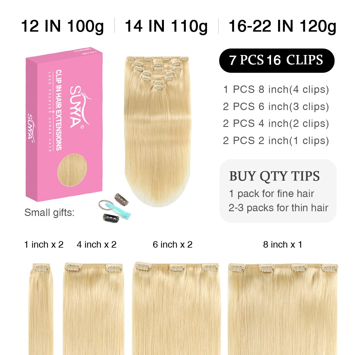 Suyya Clip In Hair Extensions Real Human Hair,Bleach Blonde Clip In Hair Extensions Straight Human Hair Clip Ins Double Weft Hum