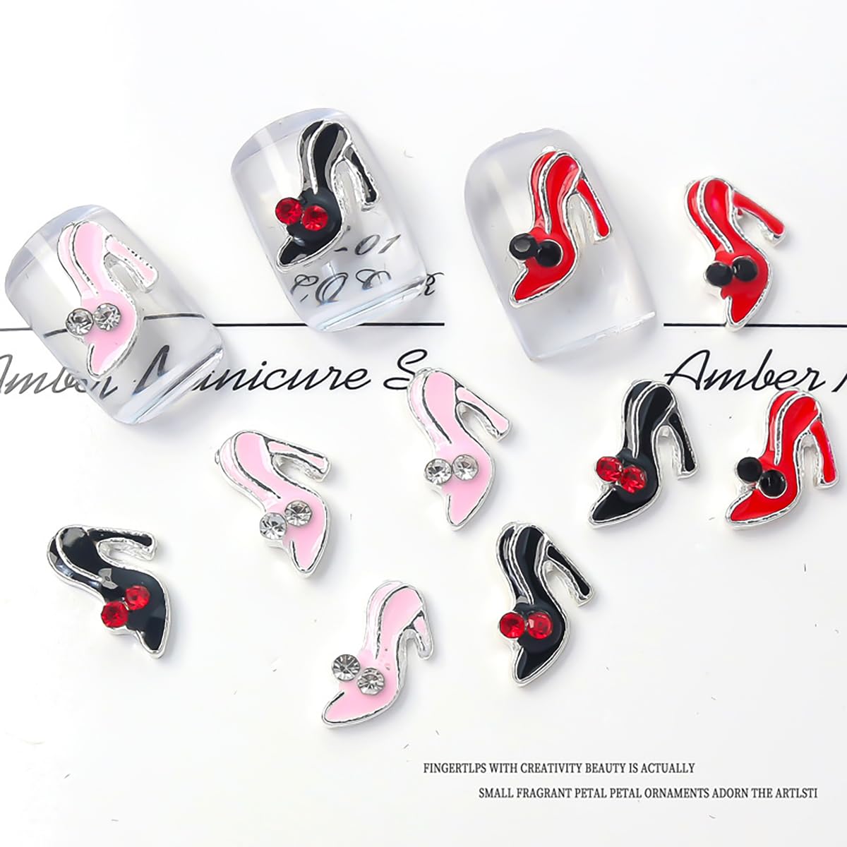 15Pcs Valentines Day Nail Charms Alloy High Heels Nail Art Charms With Glitter Nail Rhinestones Black Pink Red High Heel Shoes C