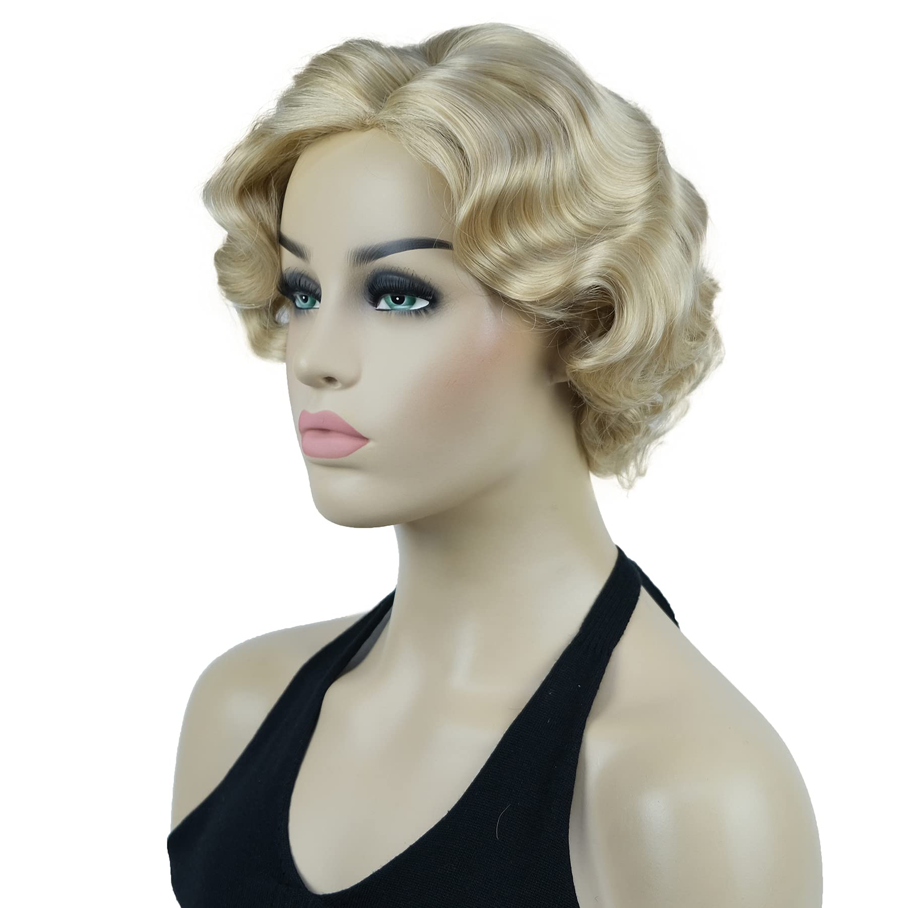 Lydell Vintage Cosplay Party Wig Short Finger Wavy Flapper Hairpiece +Free Wig Cap (26 Bright Golden Blonde)
