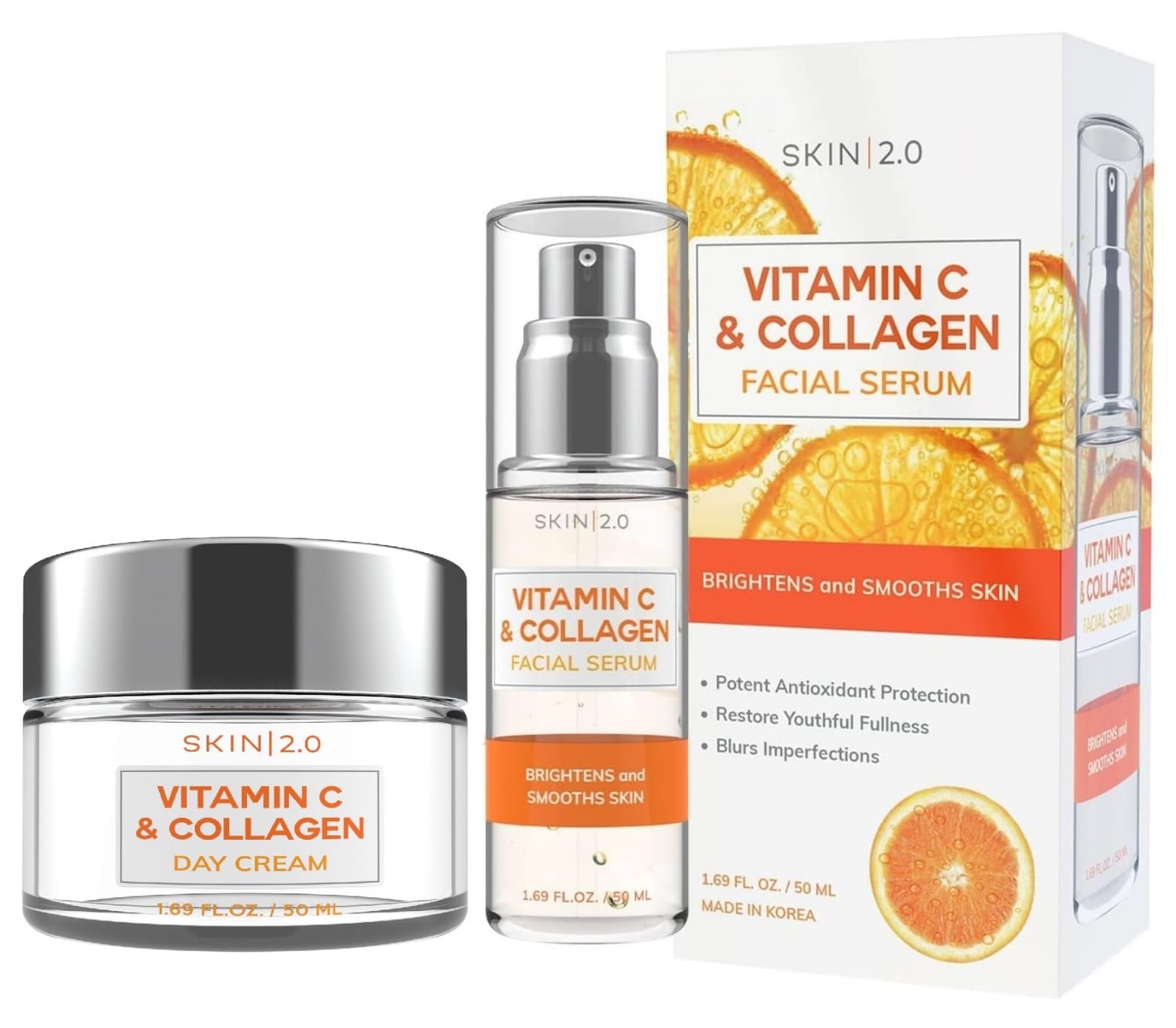 Vitamin C & Collagen Serum & Day Cream Value Set - Dermatologist Tested Korean Skin Care For Dark Spots & Brightening - Anti Agi