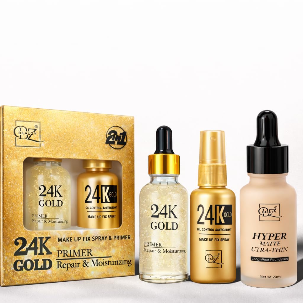 Beauzy Professional 24K Gold Primer & Makeup Fixer Combo With Matte Foundation | Oil Control, Long Lasting, Flawless Finish | (H