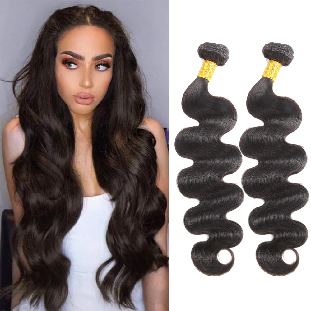 Huarisi 10A Brazilian Body Wave Human Hair Bundles, 24-26 Inch, 100% Unprocessed Virgin, 2 Bundles for Women, Natural Black, Sew