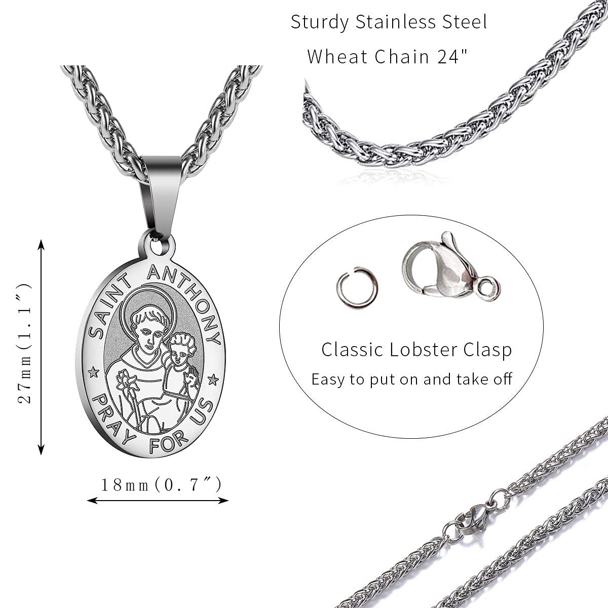 P. BLAKE St. Saint Anthony Medal Necklace Stainless Steel Catholic St Anthony Pendant Chain