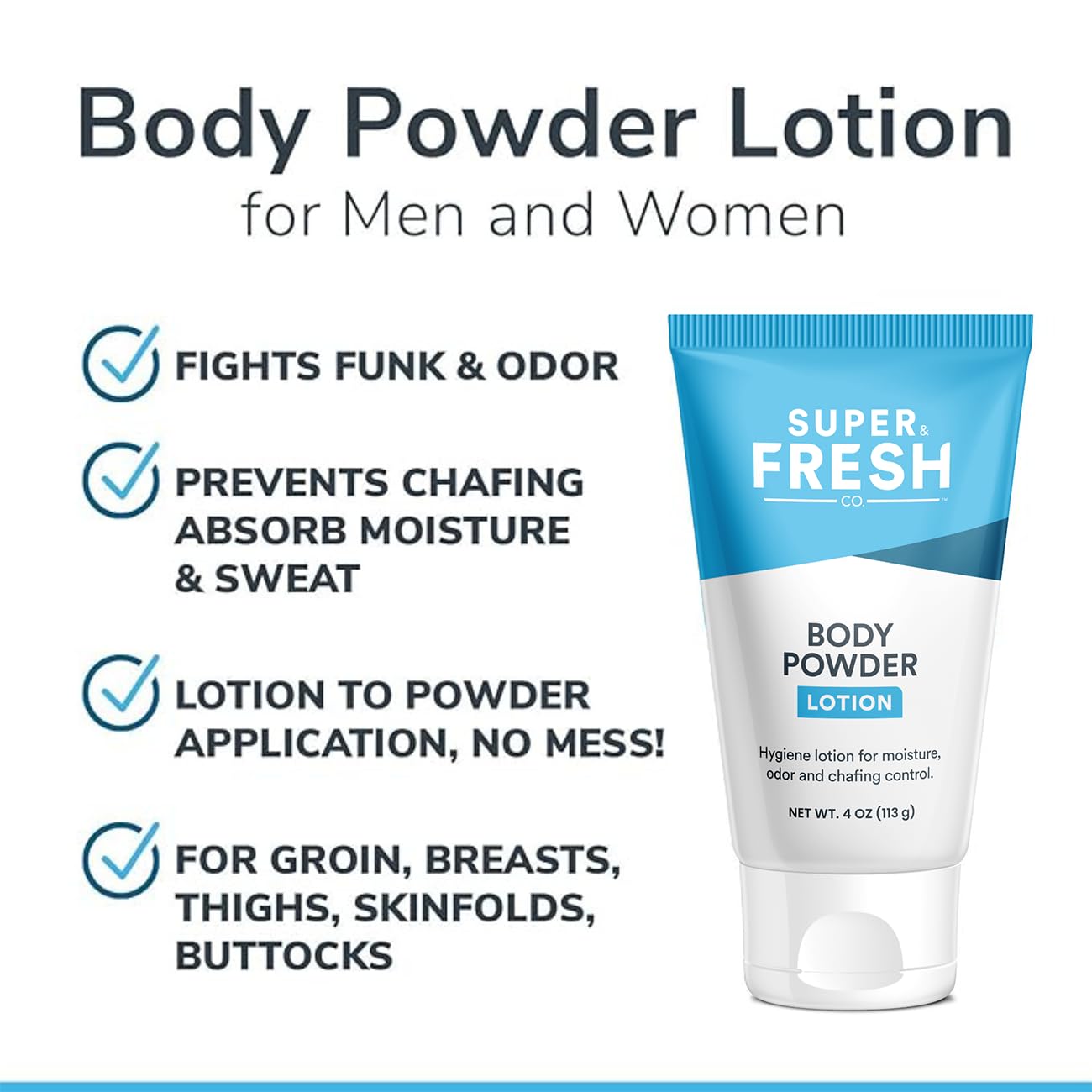 Super Fresh Body Powder Lotion, Talc Free, Anti-Chafing, Deodorizing - No Mess Body Powder For Men And Women, 4 Fl Oz - 2 Pack