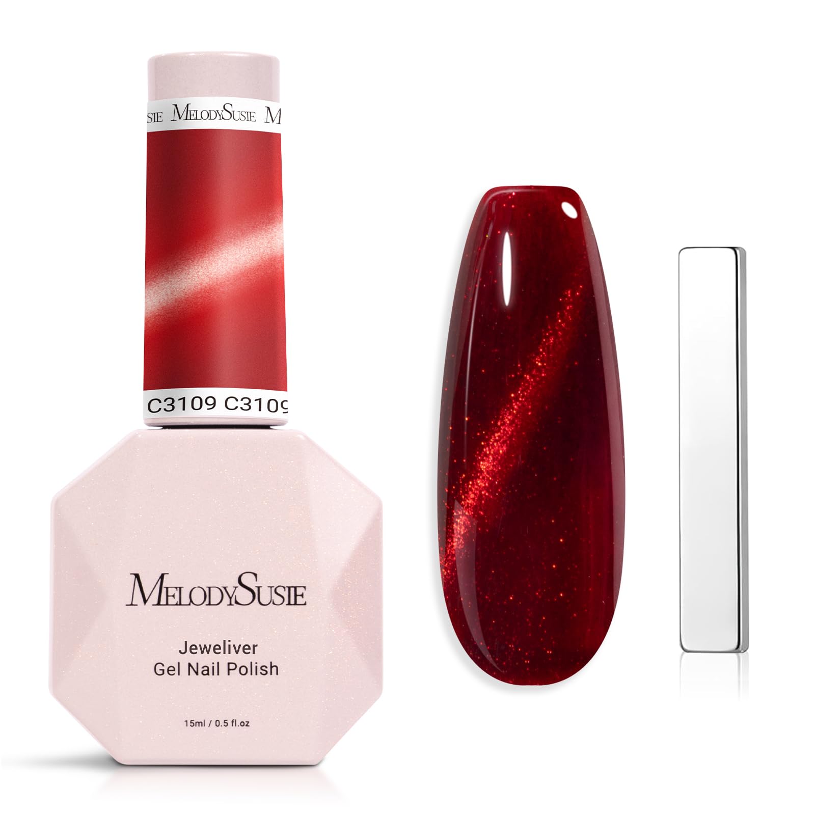 MelodySusie Jeweliver Cat Eye Gel Nail Polish, 0.5 Fl Oz Burgundy Red Glitter Holographic Magnetic Nail Polish with Magnet, UV N