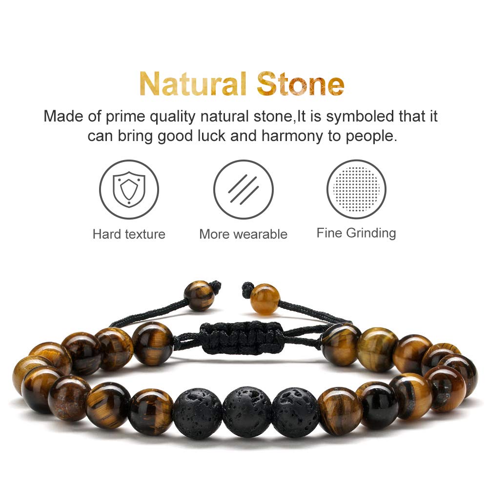 M MOOHAM Bead Bracelet for Mens Gifts, Natural Tiger Eye Black Lava Rock Stone Mens Anxiety Bracelets, Adjustable Aromatherapy E