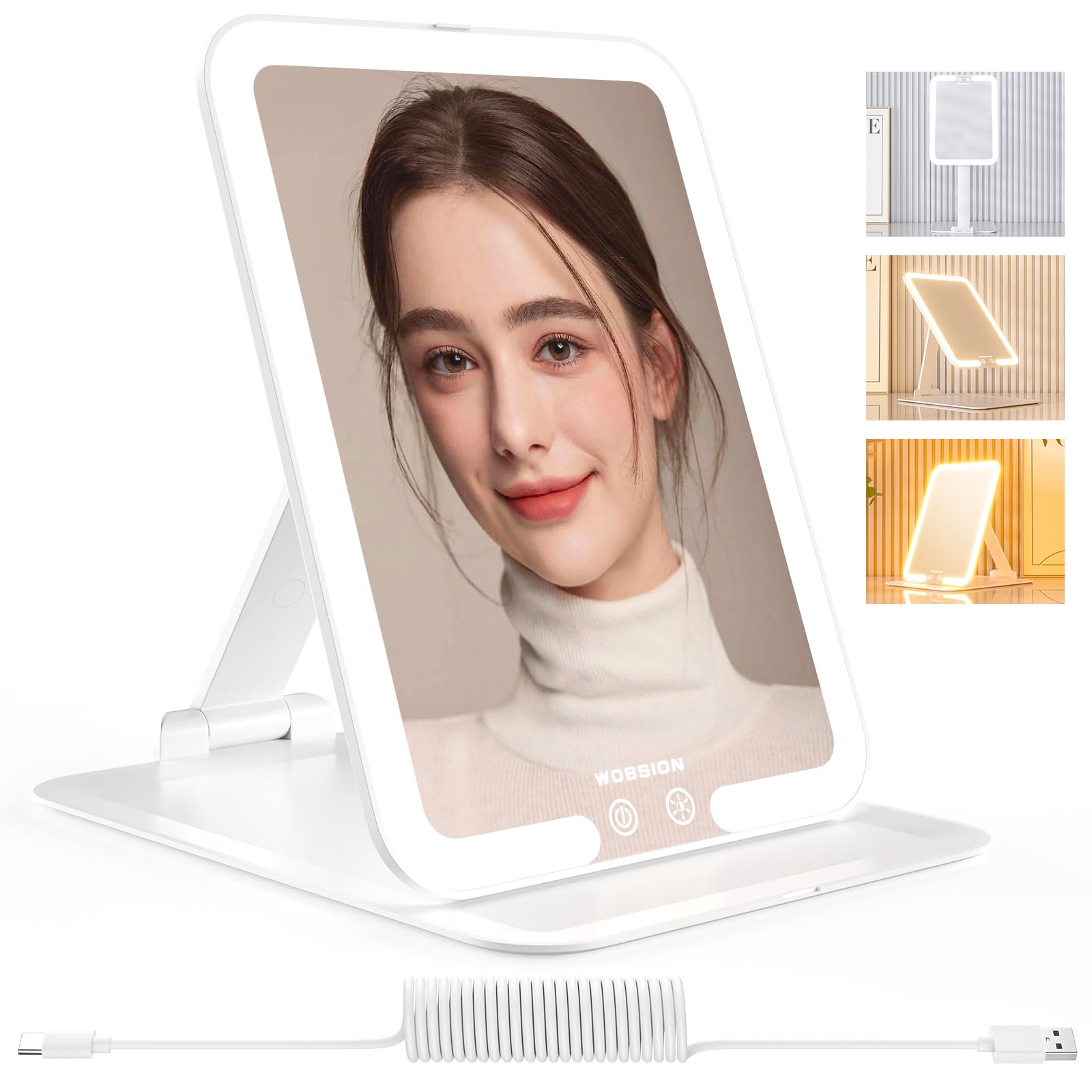 wobsion Travel Makeup Mirror, 8 * 6.1in Rechargeable Portable Folding Makeup Mirror with Lights, 3 Colors Light Up Mirror with 5