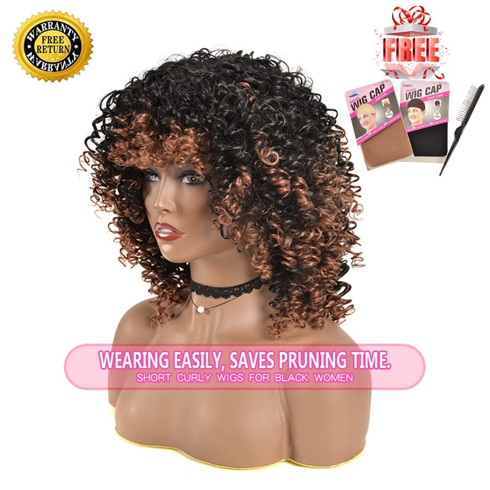 Curly Wigs For Black Women - Brown Mixed Black Synthetic Hair African American Full Kinky Curly Afro Wig With Bangs