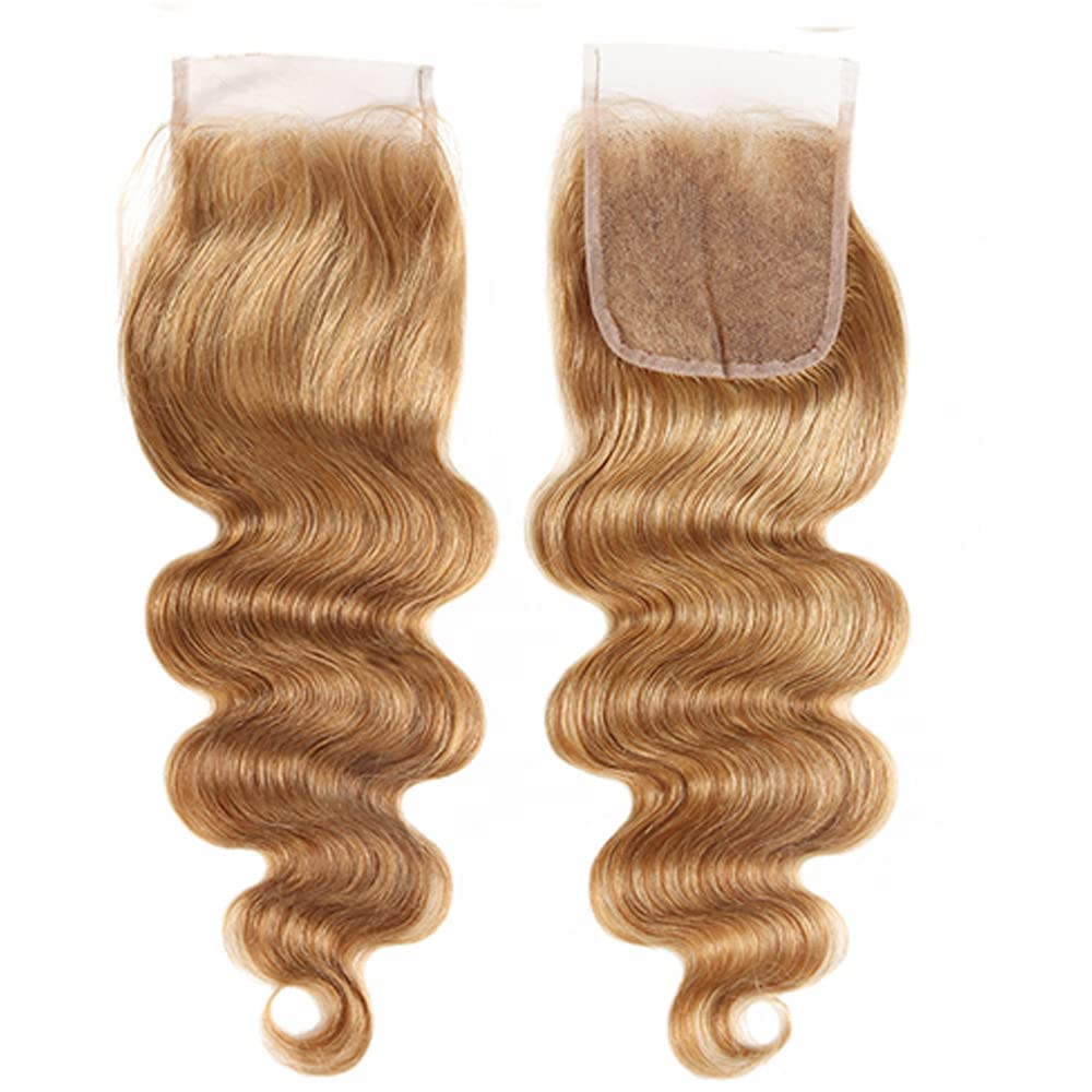 4X4 Honey Blonde Closure Pre Plucked Brazilian Virgin Hair Body Wave Lace Closure With Baby Hair - 14 Inch, Next Day Delivery