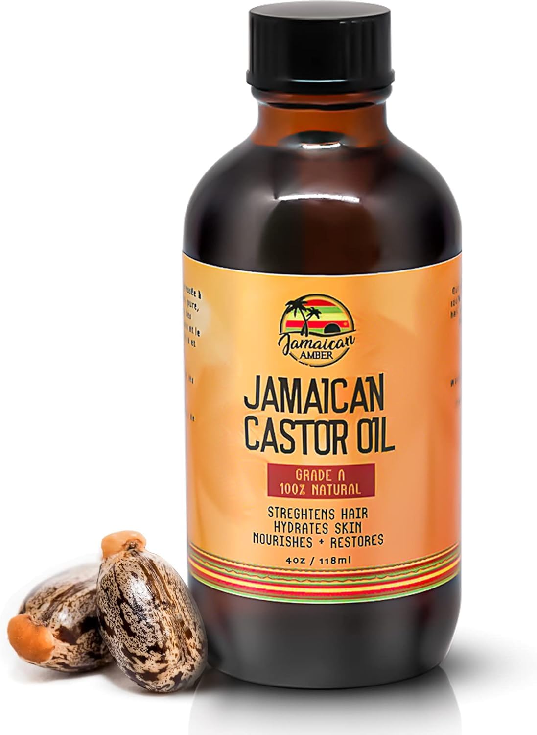 Jamaican Amber Organic Castor Oil  Cold Pressed, 4 fl oz/118 ml  For Hair Strength, Growth, Eyelashes, Eyebrows, Scalp Health 