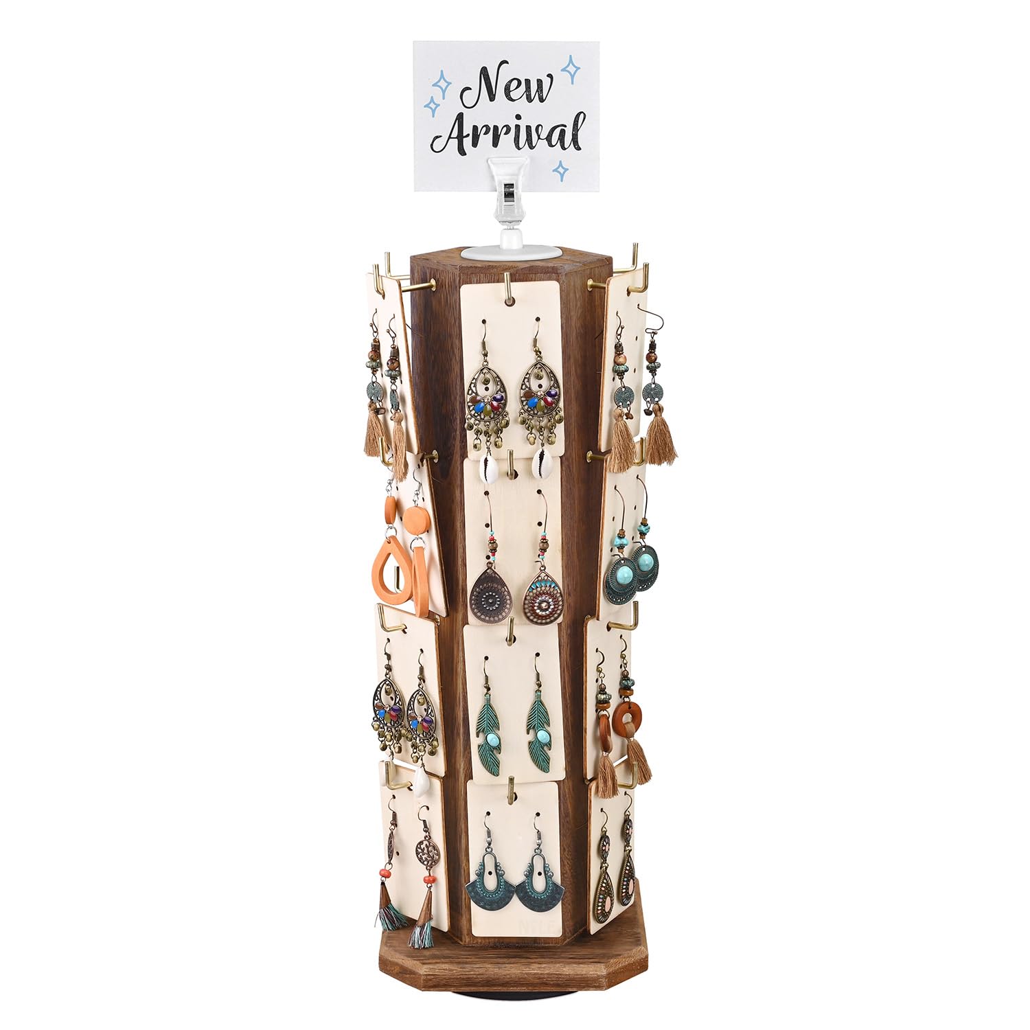 Ikee Design Free Assemble 24 Hooks Wood Hexagon 6 Sided Rotating Jewelry Display Stand Tower for Earrings,Bracelets, Keychain Ea