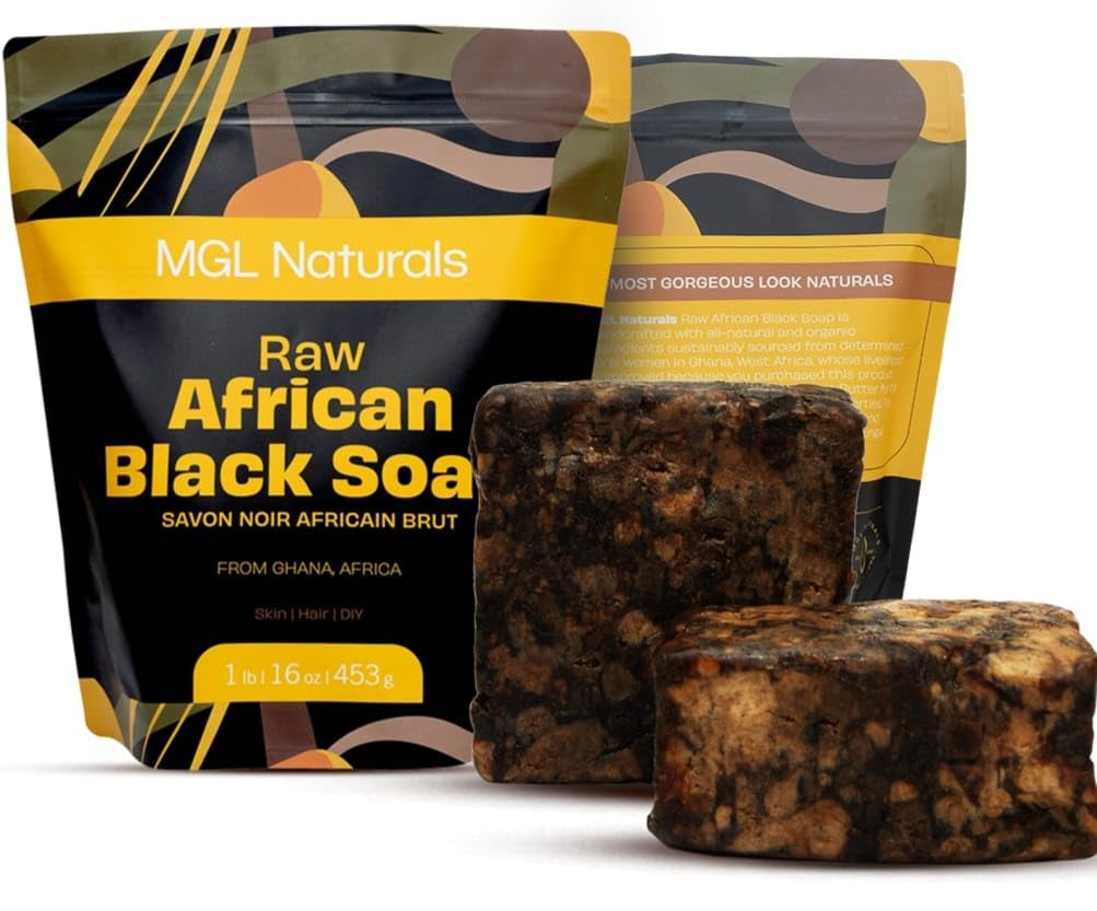 Best Raw Organic African Black Soap, 1 lb bulk handmade from Ghana, Africa. All-natural ingredients for face and body deep clean