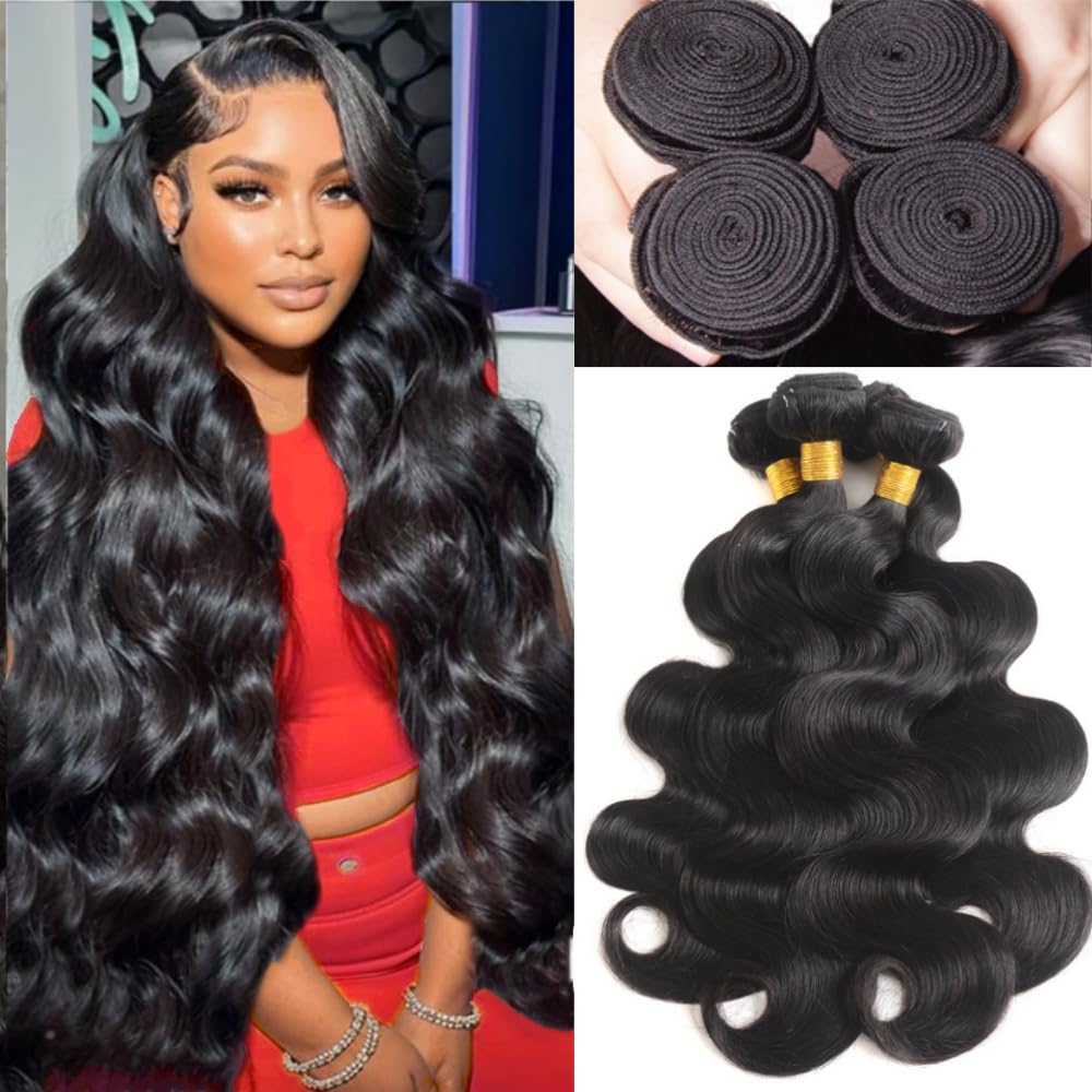 Body Wave Bundles Human Hair (28 30 32 34 Inch,4 Bundles Human Hair) Unprocessed Human Hair Bundles Double Weft Weave Brazilian 