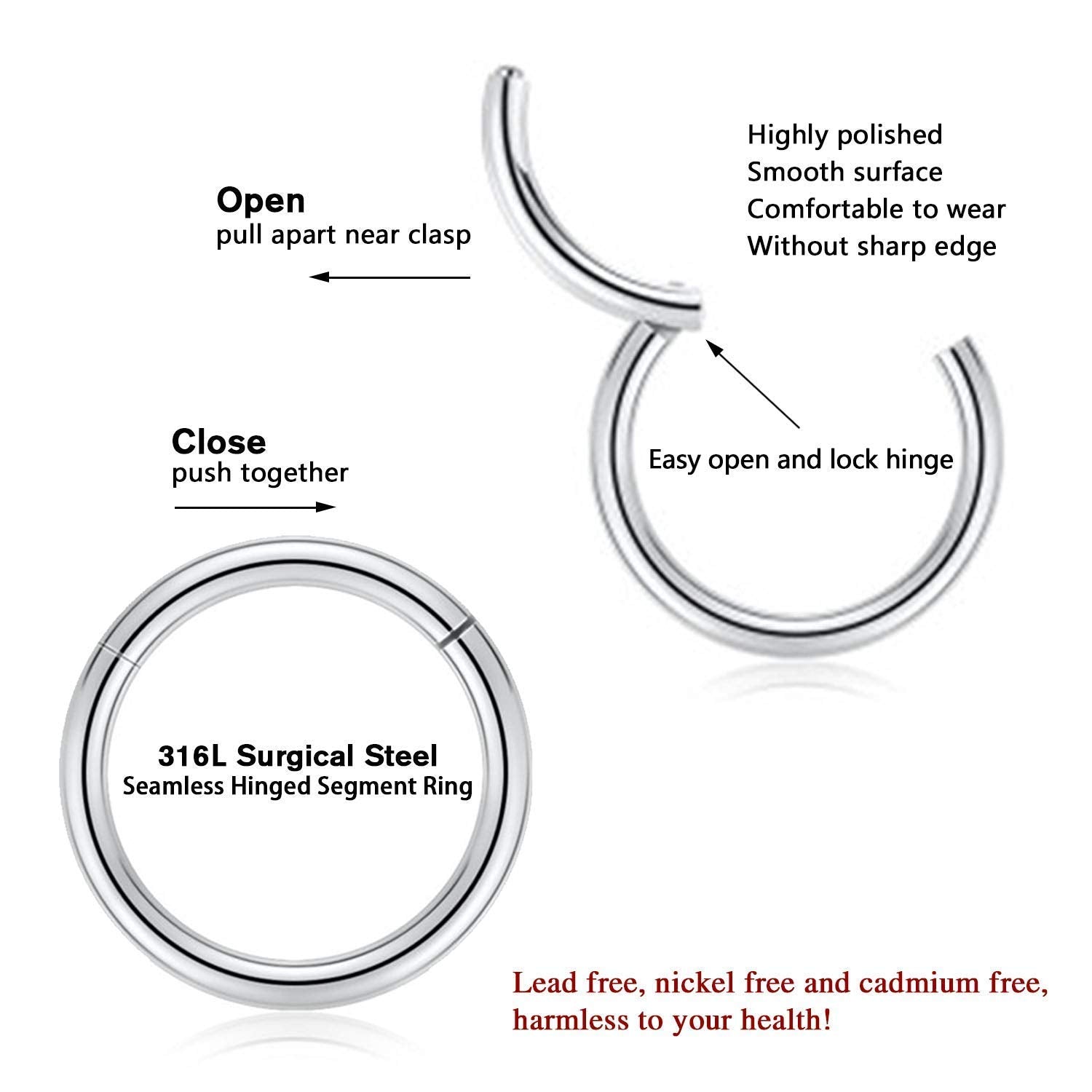 20G Lobe Hoop Earrings Small Nose Hoop Ring 316L Surgical Steel Hinged Segment Seamless Clicker Ring Septum Jewelry Daith Rook T
