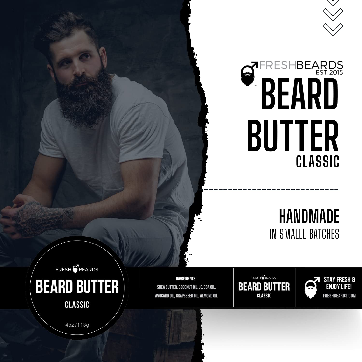 Fresh Beards Classic Beard Butter, 4 Fl Oz - Natural Mens Beard And Mustache Conditioner - Soothing Anti-Itch Moisturizer And So