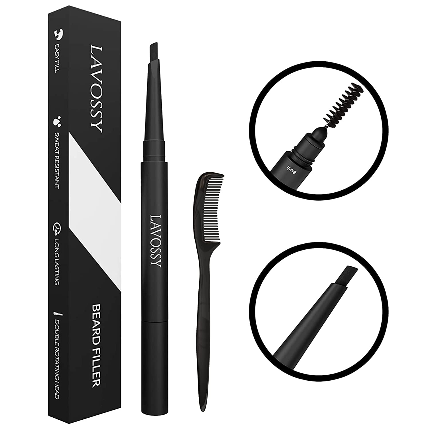Lavossy Beard Pencil - Long Lasting And Easy To Use Beard Pen With Blending Brush For Natural, Water/Sweat Proof Results (Light