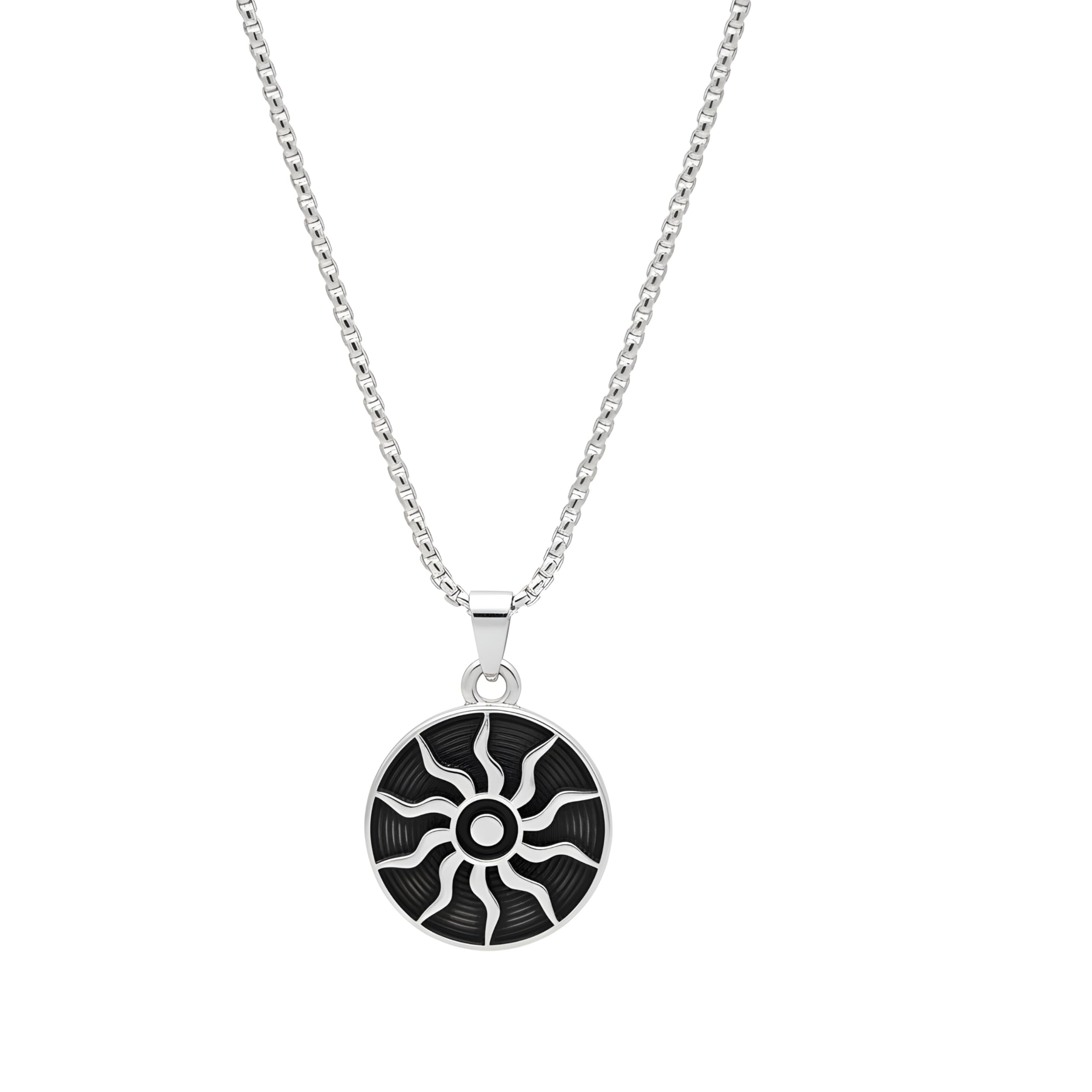 M Men Style Black Sun Round Pendant Necklace For Men & Women Metal Circular Sun Pattern Locket With Chain Modern Fashion Jewelry