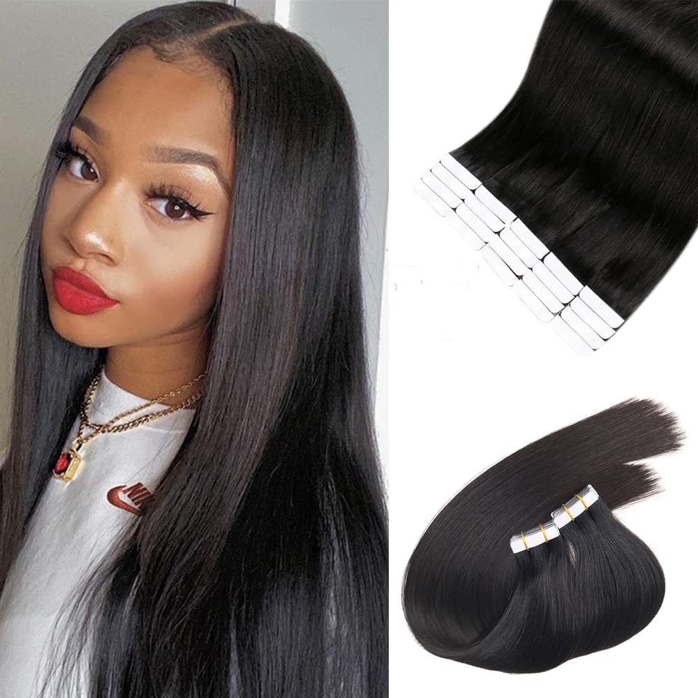 Black Tape In Human Hair Extensions Tape Ins For Women,Silky Straight Real Human Hair Tape In Extensions 50Grams 20Pcs Double Si