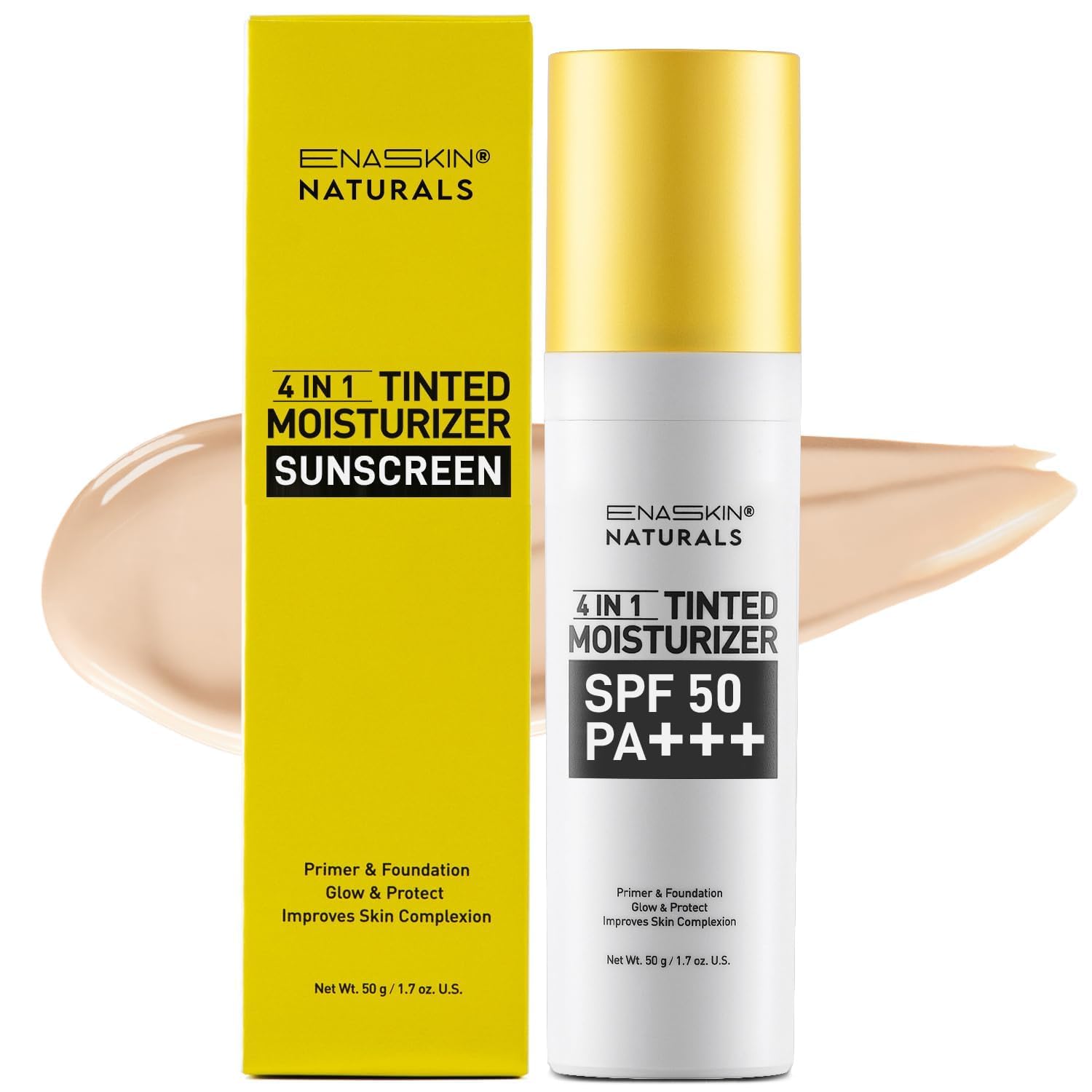 ENASKIN NATURALS 4in1 Tinted Moisturizer with SPF 50, Mineral Sunscreen & Primer with Zinc Oxide, Lightweight Skin Tint for Gl