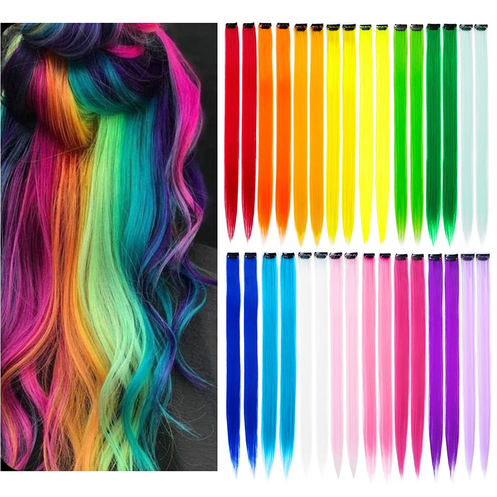 KGBFASS 32Packs Colored Hair Extensions 20Inch Straight Color Clip in on Hair Extension Rainbow Party Highlights Synthetic Hairp