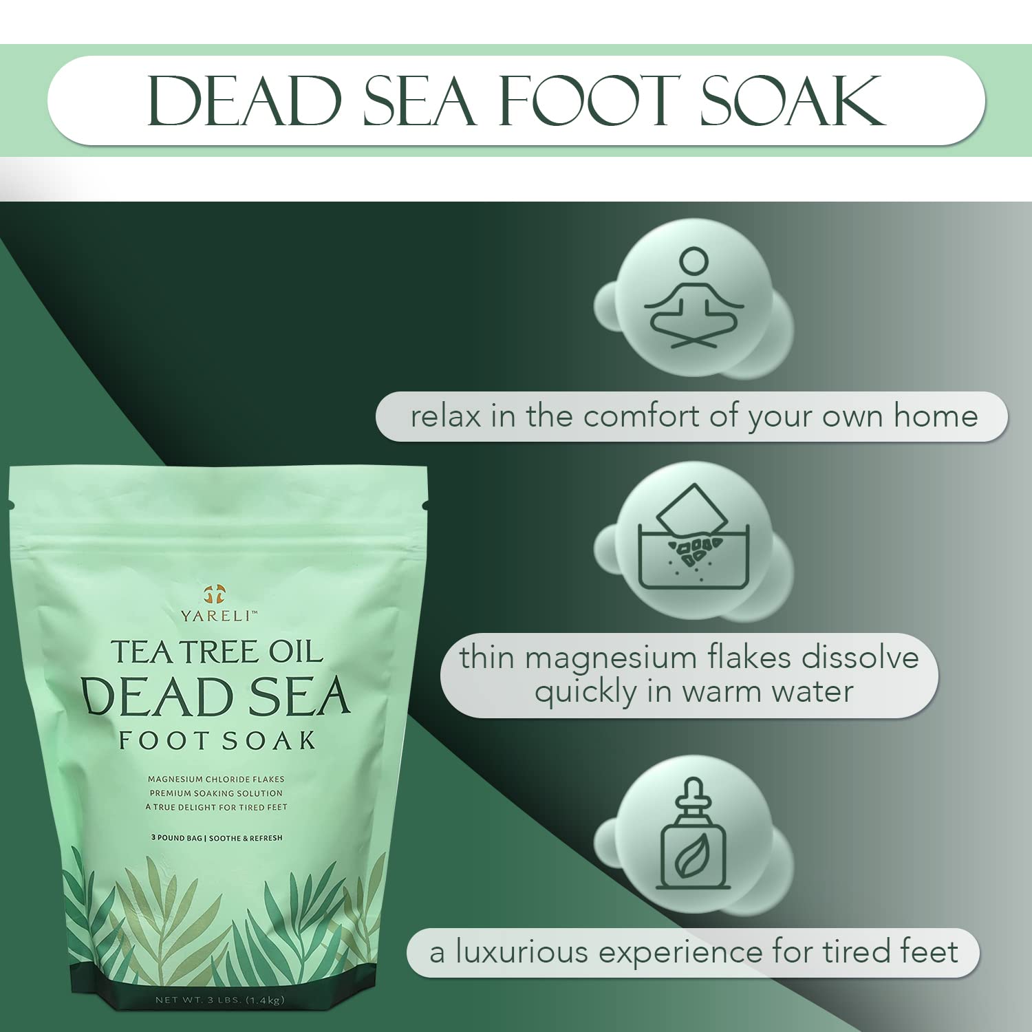Yareli Tea Tree Oil Foot Soak, Dead Sea Magnesium Bath Salt Flakes With Essential Oils, 3Lb