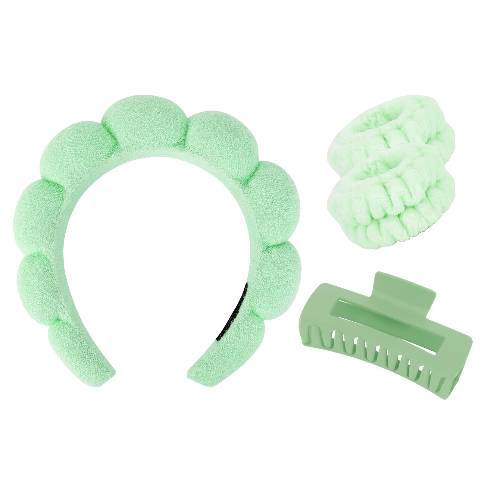 Wecoe Spa Headband And Wristband Set Skincare Headband For Washing Face Hair Claw Clips For Thick Hair Cute Green Puffy Sponge M