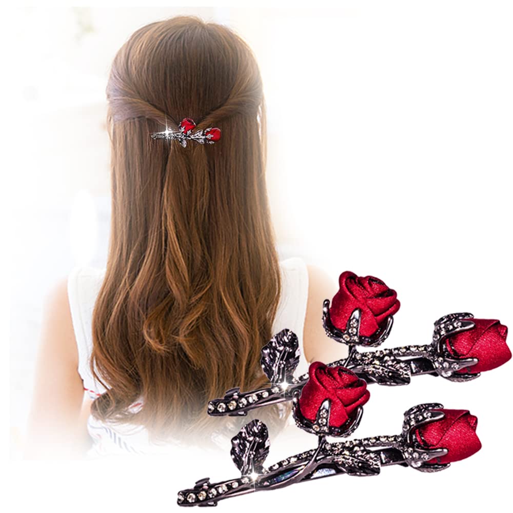 Vintage Crystal Rose Hair Clips,Elegant Rhinestones Rose Flower Metal Hair Clips Hair Barrette Ponytail Holder Slide Clips Hair 