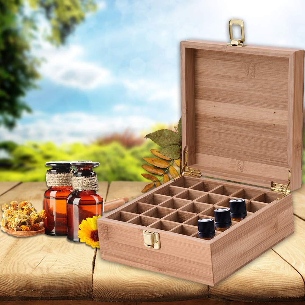 Pure Vie Essential Oil Bamboo Storage Box Travel Display Presentation, Holds 25 Bottles For 5, 10, 15Ml - Aromatherapy Organizer