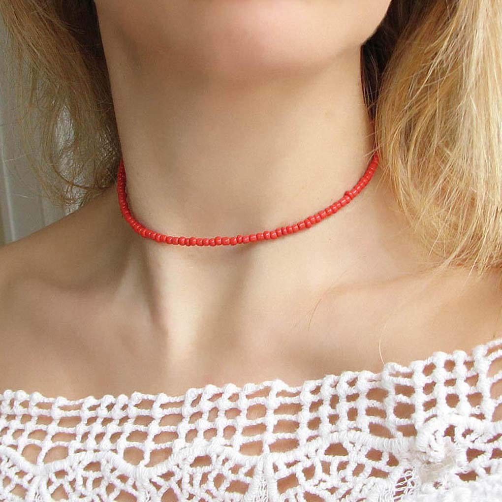 Yalice Boho Choker Necklace Chain Rice Beaded Necklaces Summer Surfer Costume Neck Accessories for Women (Red)