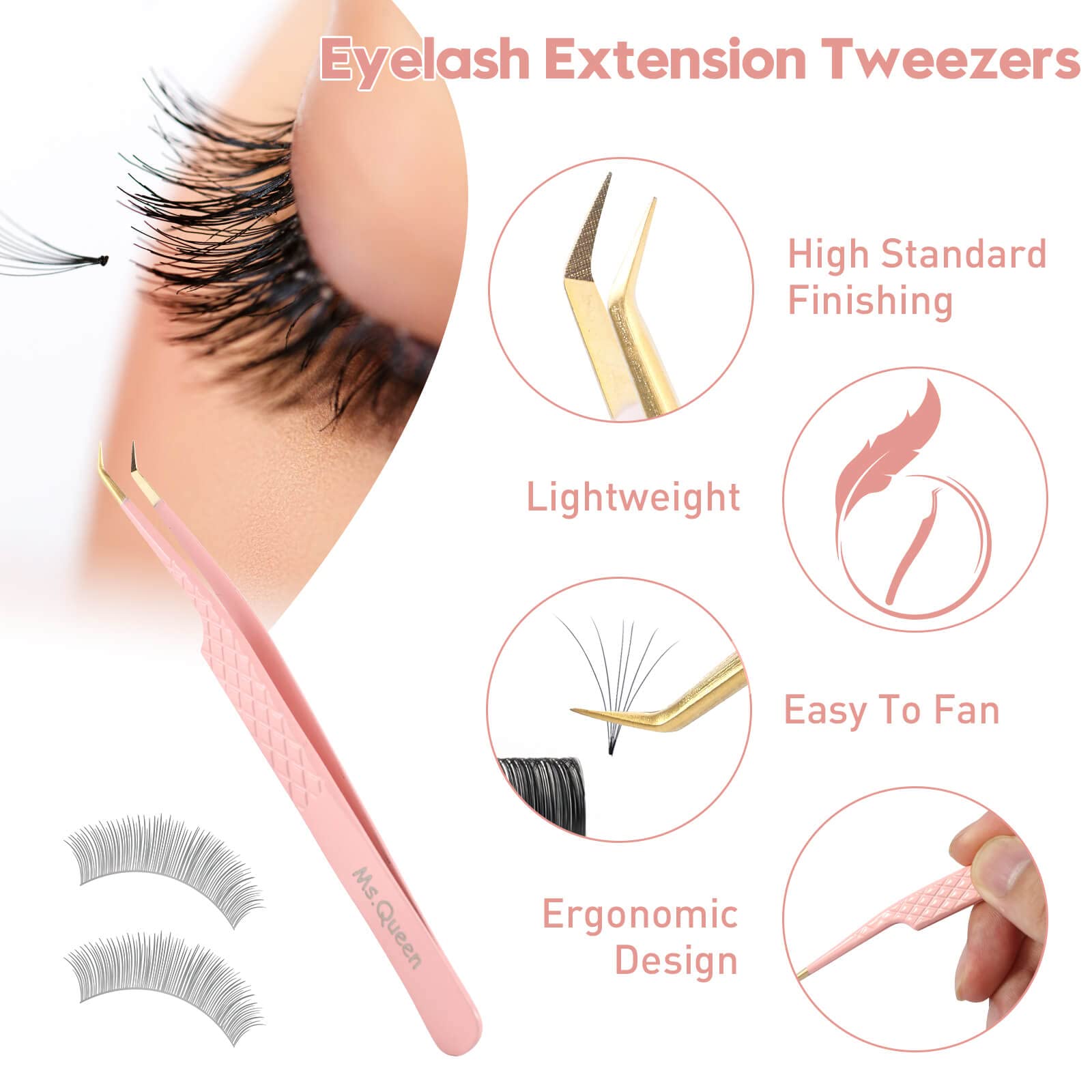 Ms.Queen Tweezers For Lash Extensions,Precision 45 Degree Lash Tweezers For Volume Classic Lashes Premade Fans