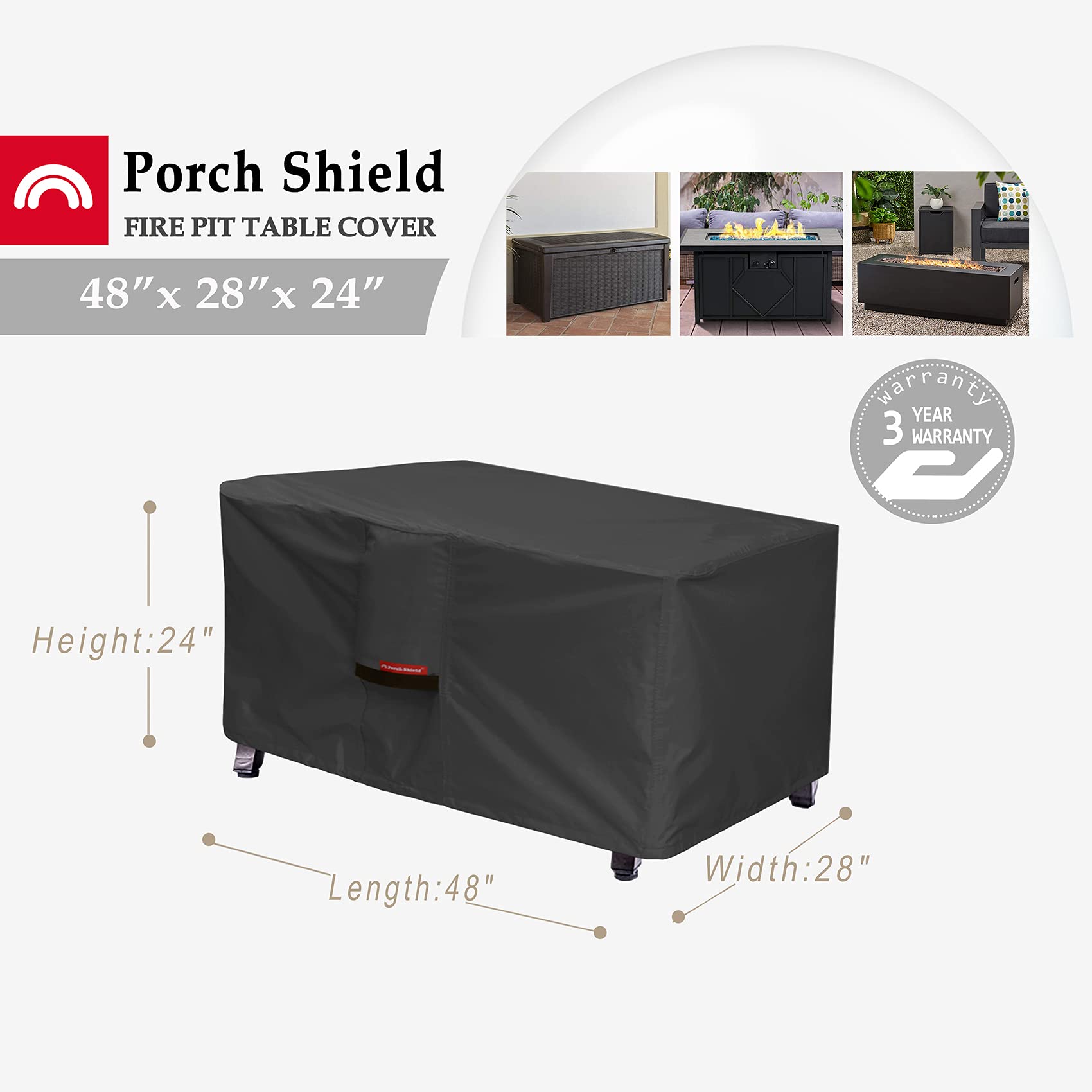 Porch Shield Patio Fire Pit Cover - Waterproof 600D Outdoor Rectangular Fire Table Cover Deck Box Protector - 48 X 28 Inch, Blac