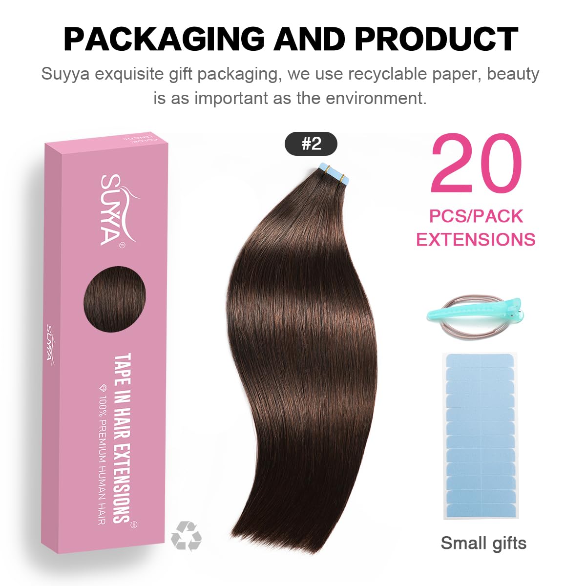 Suyya Tape In Hair Extensions Human Hair 100% Real Human Hair 16 Inches 20Pcs 40G/Pack Straight Seamless Skin Weft Tape In Human