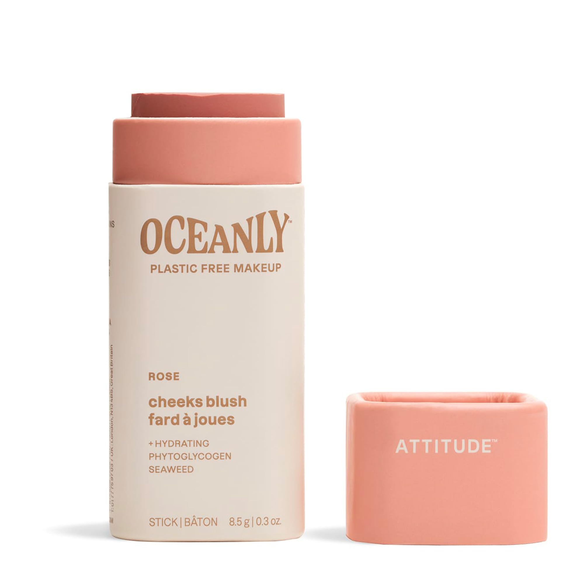 ATTITUDE Oceanly Plastic-Free Lightweight Blush Stick, Titanium Dioxide-Free, EWG Verified, Vegan & Cruelty-free Makeup, Rose, 0