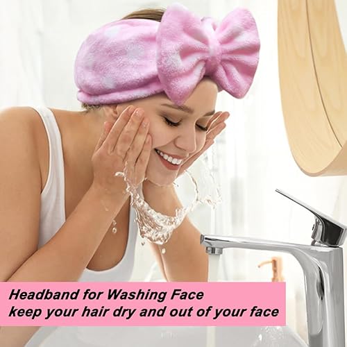 Shintop Women Fashion Lovely Soft Carol Fleece Bowknot Bow Makeup Cosmetic Shower Elastic Hair Band Hairlace Headband (Pink Polk